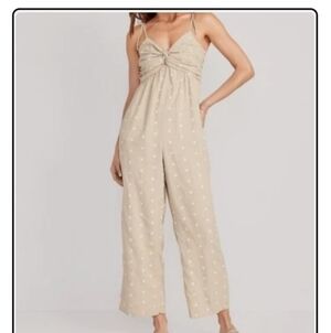 Linen/cotton Light Tan/white Poka Dot Jumpsuit Jumper Oversized Med Wide Leg